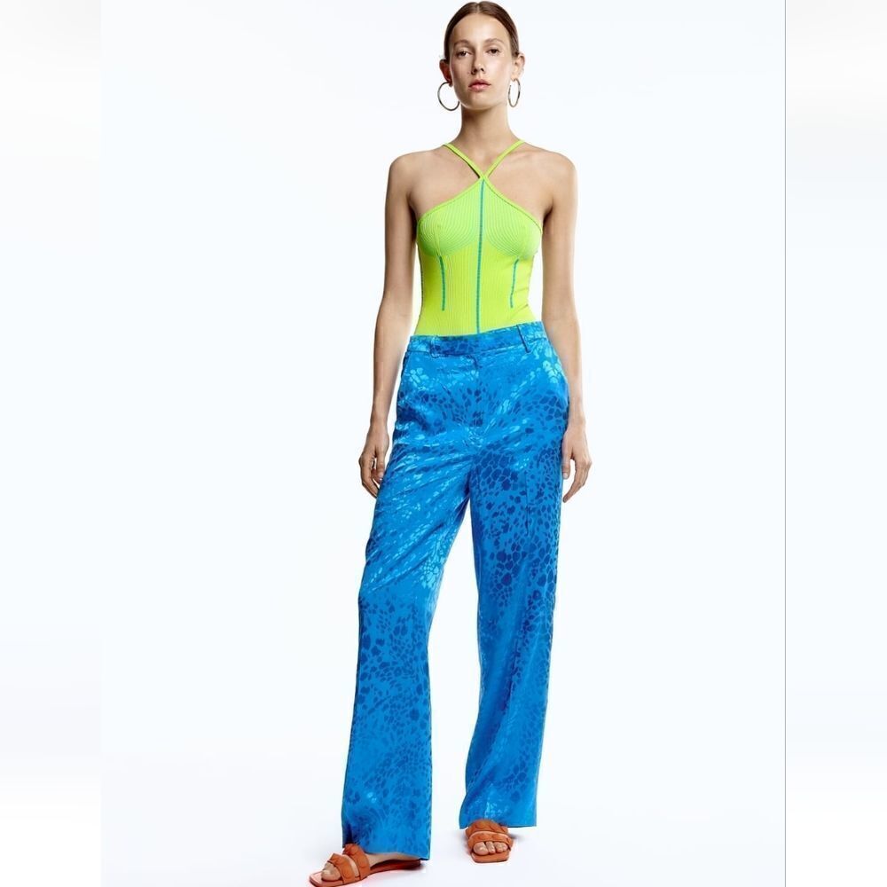 ZARA NWT TURQUOISE JACQUARD PANTS WIDE LEG - Picture 5 of 11